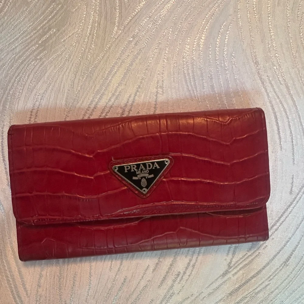 Prada Burgundy Crocodile-Embossed Leather Wallet - Picture 2 of 11